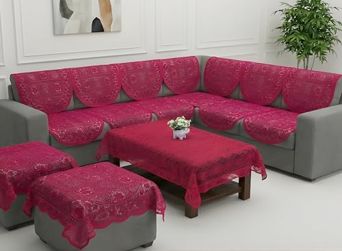 Image of Fab Nation Sofa Cover L Shape 5 Seater with Corner L Type Fully Covered Sofa Set for Living Room | Cotton Sofa Slipcovers for 3 + 2 Seaters Cover + 2 Setty Covers + 1 Table Cover Set | Red