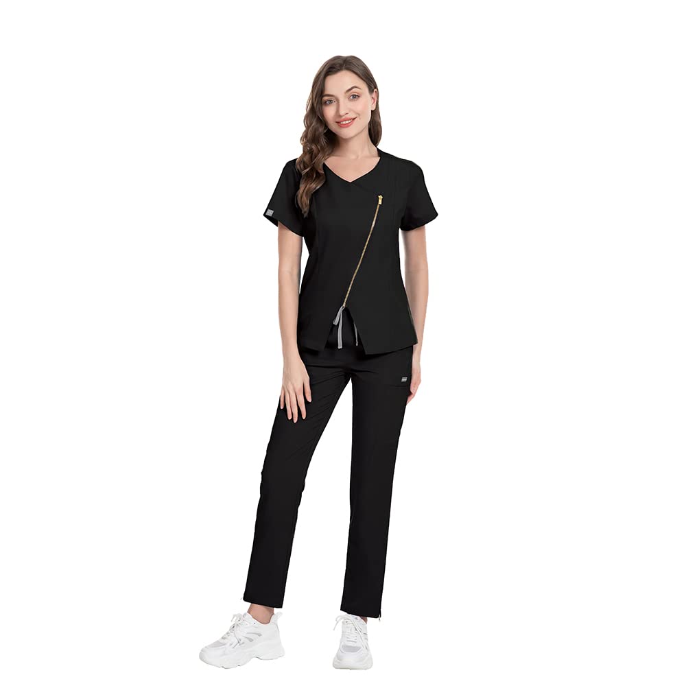 niaahinn Women's Medical Uniform Scrub Top & Jogger Pants - Black, M, Medium
