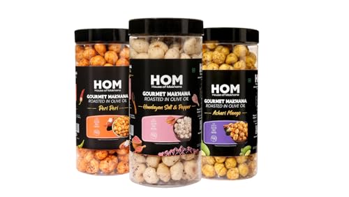Image of H O M House Of Makhana 195g Himalayan Salt and Pepper, Peri Peri And Achari Mango Gourmet Makhana Jar Roasted in Olive Oil, Flavored Makhana Pack of 3 (65gX3)