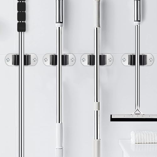 Image of JD FRESH 2 Pcs Stainless Steel Mop and Broom Holder Wall Mount, 1 Slot Anti Slip Heavy Duty Waterproof Broom Hanger Stand Organizer Tool Storage for Kitchen Home Garden Bathroom Garage (Silver)