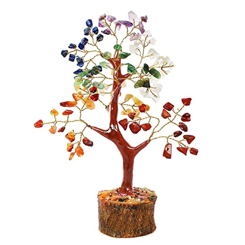Image of Crystal Seven Chakra Tree | Size 9-10 Inch Approx | 100 Beads | Multicolor Golden Wire Bonsai Money Tree with Crystals & Gemstones | Perfect Home Decor & Gift Item |