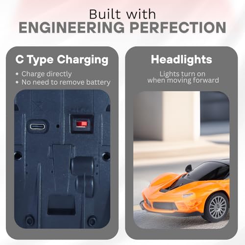 Image of High-Speed RC Car for Kids | Rechargeable Lithium Battery | Type-C Charging | LED Headlights | Orange Remote Control Car