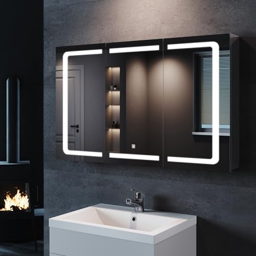 SONNI Spiegelschrank Bad mit Beleuchtung 105 x 65cm, 3 türig mit Touchschalter, 3 einstellbare Lichtfarben, Kabelloses Scharnier Design LED Edelstahl Spiegelschrank mit Steckdose SONNI Spiegelschrank Bad mit Beleuchtung 105 x 65cm, 3 türig mit Touchschalter, 3 einstellbare Lichtfarben, Kabelloses Scharnier Design LED Edelstahl Spiegelschrank mit Steckdose