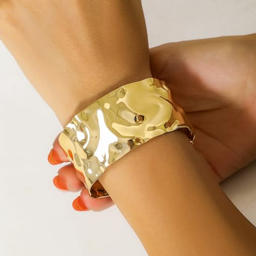 Wide Cuff Bracelet for Women Chunky Thick Hammered Concave Open Edge Arm Wrist Wrap Irregular Adjustable Shiny3