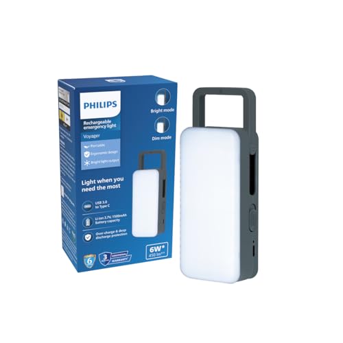 Image of PHILIPS Voyager 6W Rechargeable LED Emergency Light | 450 Lumens | 1500mAh Battery | Type-C Fast Charging | 2 Brightness Modes | Up to 1.5 Hours Backup | Portable & Compact (Grey) | Pack of 1