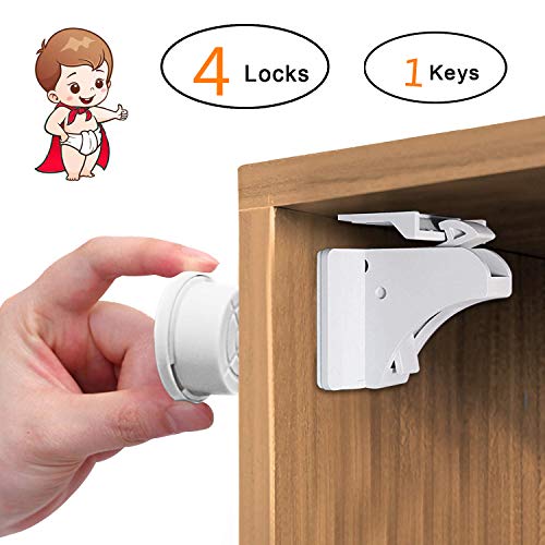 Newlemo Serratura del Cassetti Magnetico di Sicurezza per Bambini (4 Serrature + 1 Chiavi) con lo Staffa di Montaggio Non Necessitano Attrezzi, Con forte Adesivo