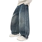 Baggy Jeans per bambini, a gamba larga, in denim, pantaloni cargo per ragazzi, vestibilità comoda, dritta, per il tempo libero, per il tempo libero, Azzurro, 11-12 Anni