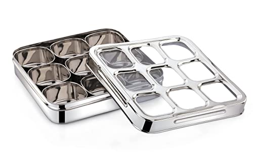 Image of Expresso 9 Square Stainless Steel Spice Box, Organiser with 9 Compartment, Popula Dabba, Square Masala Dani for Kitchen, Rust Resistant See-Through Lid with Unbreakable Acrylic Sheet, Design, Silver