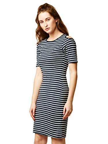 Image of Miss Chase Women's Grey and White Round Neck Half Sleeves Striped Mini Bodycon Dress