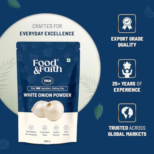 Image of Food & Faith White Onion Powder 400g - Pure Dehydrated Pyaz Powder | Strong Aroma & Instant Flavor | Ready to Use Cooking Seasoning | No Preservatives, Additives or Fillers