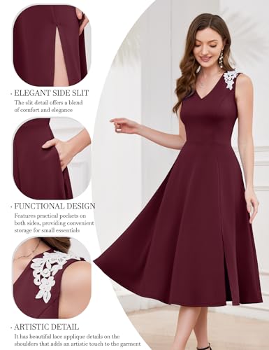 Image of Dressystar Sleeveless Cocktail Party Dress with Pocket 2025 Women V Neck Slit Tea Length Casual Dresses Work Wedding Guest