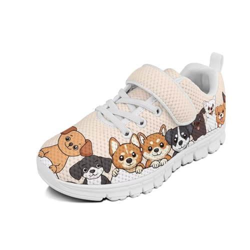 Boys Girls Shoes for Little Kids/Big Kids Machine Washable Lightweight Comfy Athletic Running Shoes Kids Sneakers Light Cute Dogs Pattern（White Sole）