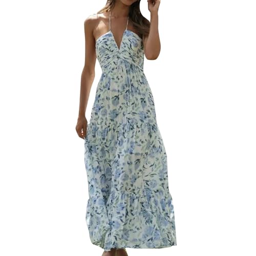 Robe longue à volants sans dos col en V profond taille haute été bleu L