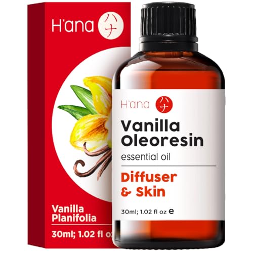 H'ana aceite esencial de vainilla pura para difusor y piel (30 ml) - Aceite esencial de oleorresina de vainilla de grado terapéutico - Perfume de aceite de vainilla fragante y de larga duración