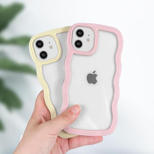 Image of GoldKart iPhone 12 /12 Pro Case Wavy Edge Clear Back Design, Anti-Slip Grip Cute Wave Curly Frame Shape Shockproof Soft TPU & Hard PC Bumper Protective Phone Case Cover for Women Girls - Pink
