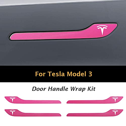 Image of IPG Compatible for Model 3 / Model Y /Juniper Door Handle Decal Sticker Wrap Kit (Set of 4) with Tesla Logo Personalize Your Tesla (Gloss Pink)