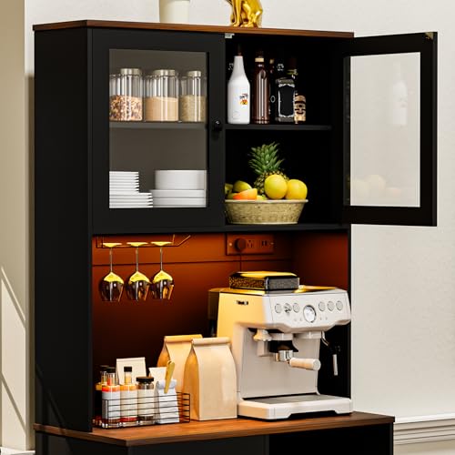 Image of 71''Kitchen Pantry Storage Cabinet with LED Lights and Power Outlet, Tall Farmhouse Kitchen Hutch with Microwave Stand,Globet Hooks and Adjustable Shelf for Dining Living Room,Black