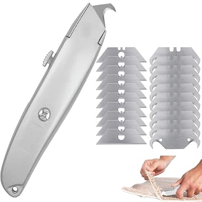 Cúter Retráctil Profesional de Aluminio con Bloqueo Automático, 20 Cuchillas de Repuesto Incluidas, 10 Trapezoidales y 10 de Gancho, para Moqueta, Cartón y PVC, Color Plata