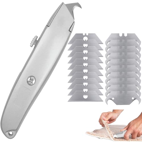 Cúter Retráctil Profesional de Aluminio con Bloqueo Automático, 20 Cuchillas de Repuesto Incluidas, 10 Trapezoidales y 10 de Gancho, para Moqueta, Cartón y PVC, Color Plata