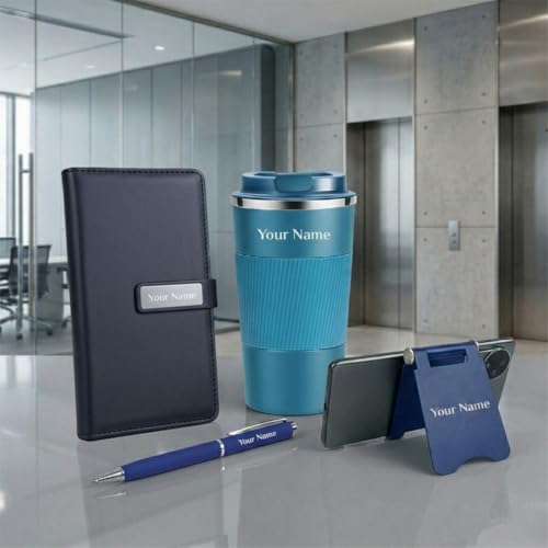 Image of Giftana 4 in 1 Personalized Diary with Pen, Mobile Stand and Coffee Tumbler 510ml Gift Set for Men & Women, Customized Gifts for Doctors, Personalised New Year Corporate Gift Set for Employee (Blue)