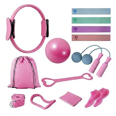 CoreHarmony 13-in-1 Pilates Kit for Women, Home Workout Set with 12.9” Magic Ring, 9.8” Ball, Yoga Ring, 4 Fabric Resistance Bands, Latex Stretch Band, Cordless Jump Rope, Strap & Bag, Pink