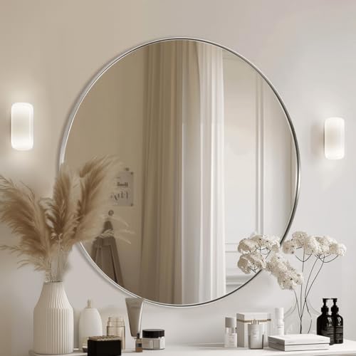 Image of ANDY STAR Round Chrome Mirror, 30 inch Round Chrome Mirror, Circle Bathroom Mirror for Bathroom in Stainless Steel Metal Frame