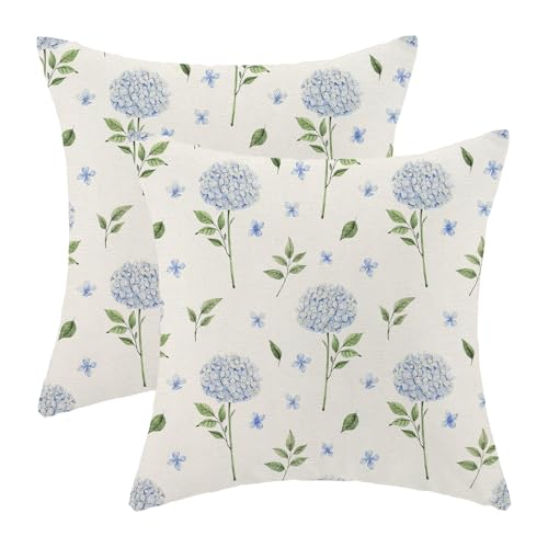 Image of AEIOAE Spring Pillow Covers 18x18 Inch Set of 2, Blue Green Hydrangea Flower Leaves Throw Pillows Case,Floral Summer Outdoor Seasonal Decorative Farmhouse Decor Cushion Covers for Home Sofa Bed Couch
