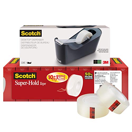Scotch Tape Dispenser Value Pack with Scotch Super-Hold Tape, Black Dispenser, 1 in Core, 12 packs (700K10C18BLK)