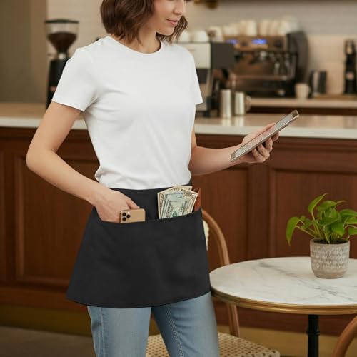 Image of BOHARERS Waist Apron with 3 Pockets - Black Waitress Waiter Server Short Aprons
