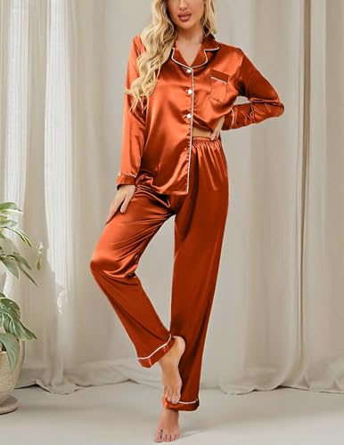 Image of Ekouaer Women's Classic Button Down Long Satin Silk Pajama Set
