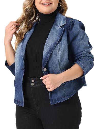 Agnes Orinda Plus Size Denim Jackets for Women Jean Lapel Long Sleeve Casual Work Blazer2