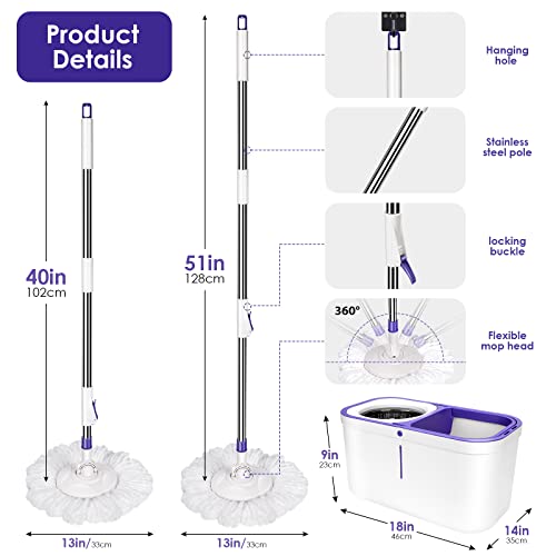 Hevol Mop And Bucket With Wringer Set, Spin Mop Bucket Floor Cleaning System With 5 Washable Mop Heads & 1 Floor Brush Head, Easy Wring Mop And Bucket For Home Kitchen Floor Cleaning #TOP1