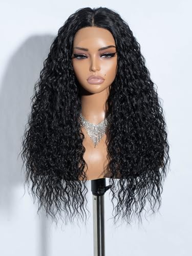 Perruque bouclée noire longue dentelle synthétique avec cheveux bébés 60 cm