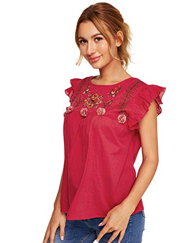Romwe Women s Sleeveless Floral Embroidery Ruffle Summer Boho Blouse Top Red M
