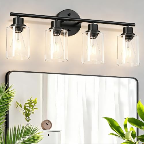 Image of 4-Light Black Bathroom Light Fixtures, E26 Modern Vanity Lights for Bathroom with Clear Glass Shade, Wall Lamps for Mirror Hallway Kitchen Cabinet Living Room Sconces Lights