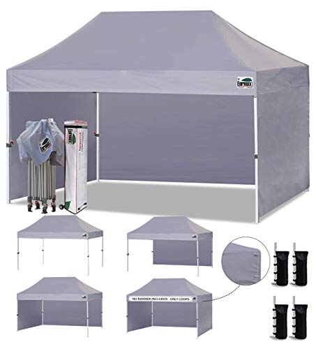 Image of Eurmax USA 10x15 Pop Up Canopy Tent,Commercial Tent with Patented No-Tip Rolling Bag,4 Zippered Removable Walls,UV & Water Resistant Canopy Top,Heavy Duty Outdoor Gazebo,Instant Shelter(Gray)