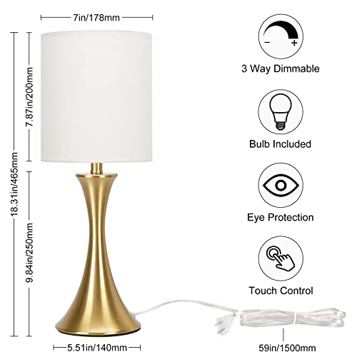 Gold Bedside Lamp Touch Control Table Lamp for Bedroom, 3-Way Dimmable Nightstand Lamp with Linen Shade, Modern Table Lamp for Living Room, Minimalist Desk Lamp for Dorm, Home, Office, Bulb Included