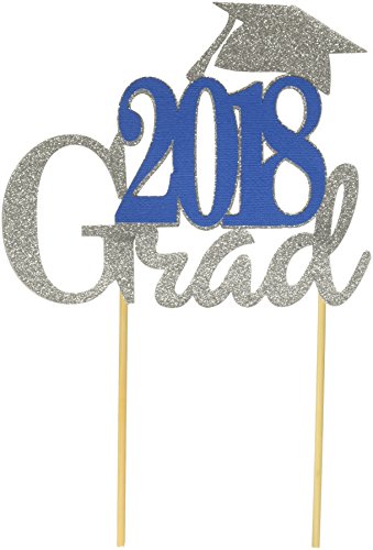 All About Details 2018 Grad Cake Topper (Blue & Silver), 1PC, Graduation Party, Glitter Topper