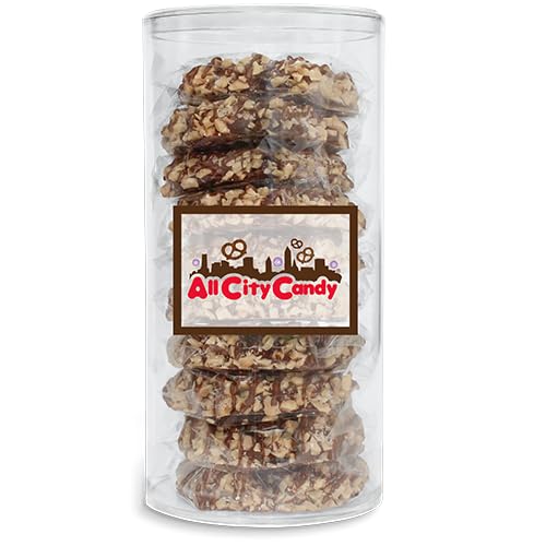 All City Candy Milk Chocolate Hand Dipped Pretzel Twists coated with Toffee Crunch bits, Individually Wrapped, 10 Count, Gift Canister, Ice Pack included if needed. Great for corporate gifting, events and candy displays.
