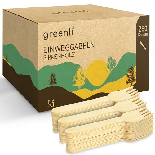 greenli - greenli® Einweggabeln - 250 Holzgabeln - Nachhaltiges Holzbesteck Einweg – Plastikfreies Einwegbesteck Set