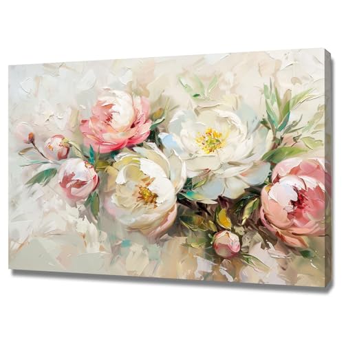 Tableau de pivoines blanches et roses 60x80cm encadré pour une décoration murale moderne chic