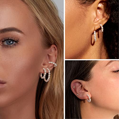 3 Pairs Pearl Hoop Earrings For Women Girls,14K Gold Plated Pearl Earrings Lightweight Hoops Small Pearl Hoops #TOP2