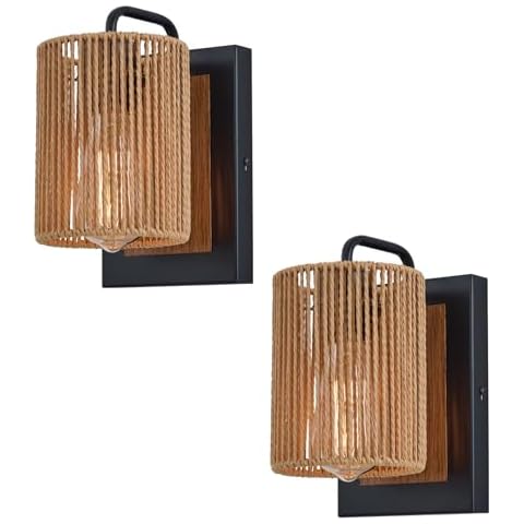 Boho Rattan Wall Sconces Set of Two, Farmhouse Wall Light Fixtures Lighting with Hand Woven Hemp Rope Shade Bedside Wicker Wall Lamp, Wall Mount Light Fixture for Bedroom Living Room Bathroom Stairway Cover