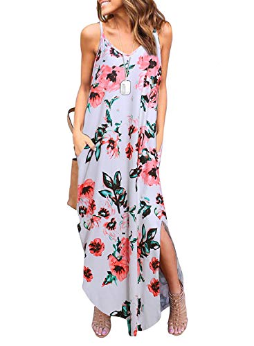Image of HUSKARY Women's Summer Casual Sleeveless V Neck Strappy Split Loose Dress Beach Cover Up Long Cami Maxi Dresses with Pocket