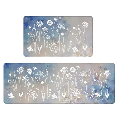 Rempry Blue Gradient Floral Kitchen Mat - Non-Slip Waterproof Cushioned Kitchen Floor Mat for Sink, Stove & Counter, 17