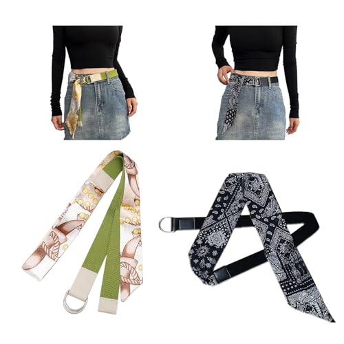 MIUPOO Scarf Belts,Long Skinny Ribbon Belt,Women's Scarf Sash Accessories,Women's Denim Waist Belt,Green and Black Set of 2.