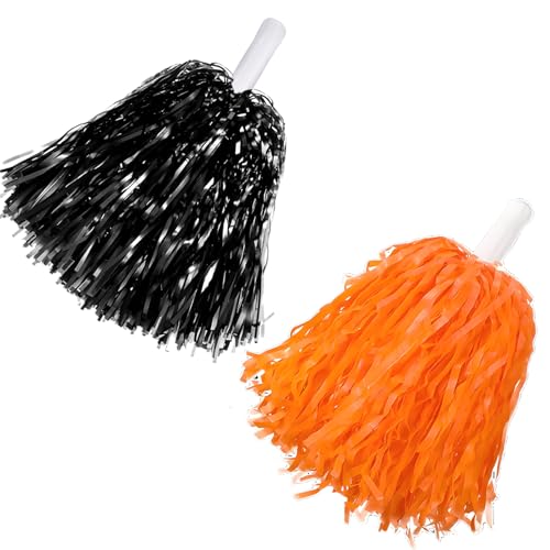 2 Pcs Cheerleading Pom Poms with Handle for Girl Team Spirit Sports Games Dance Outfit (Orange-Black)