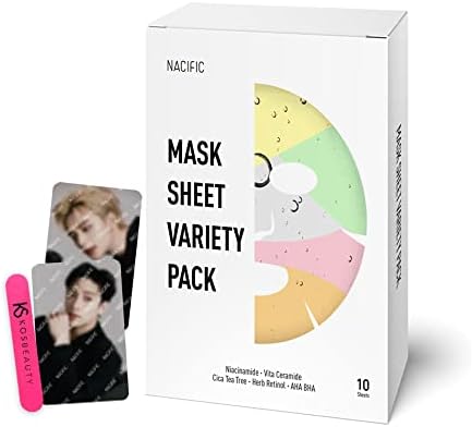 KOSBEAUTY Nacific Premium Facial Mask Sheet Variety Pack - 10 Sheets with K-Pop Stray Kids Photocards for Deep Hydration Skincare - Korean Beauty Set for Women and Men