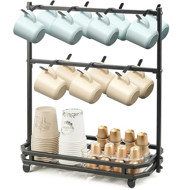 Coffee Mug Holder for Countertop, Coffee Cup Holder Rack with 14 Hooks, Metal Mug Tree Stand with Storage Base for K Cup Coffee Pod Paper Cups Tea Bag - Black