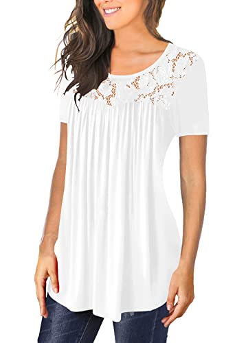Beadchica Women's Casual Tunic Tops To Wear With Leggings Short Sleeve Flare Summer Loose Tshirts Flowy Lace Blouses-White-Xl #TOP1